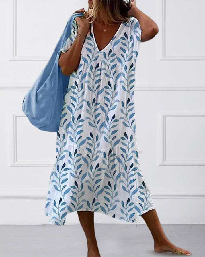 Sommerkleid Damen V-Ausschnitt Blätterdruck