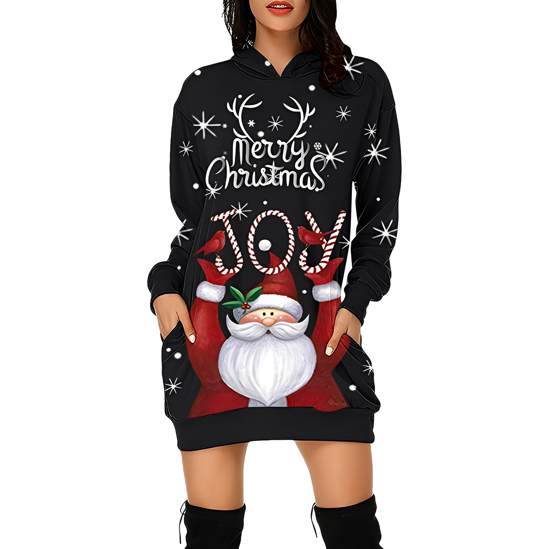 Georgia - Stilvolles Weihnachtskleid mit Kapuze für Damen mit Print