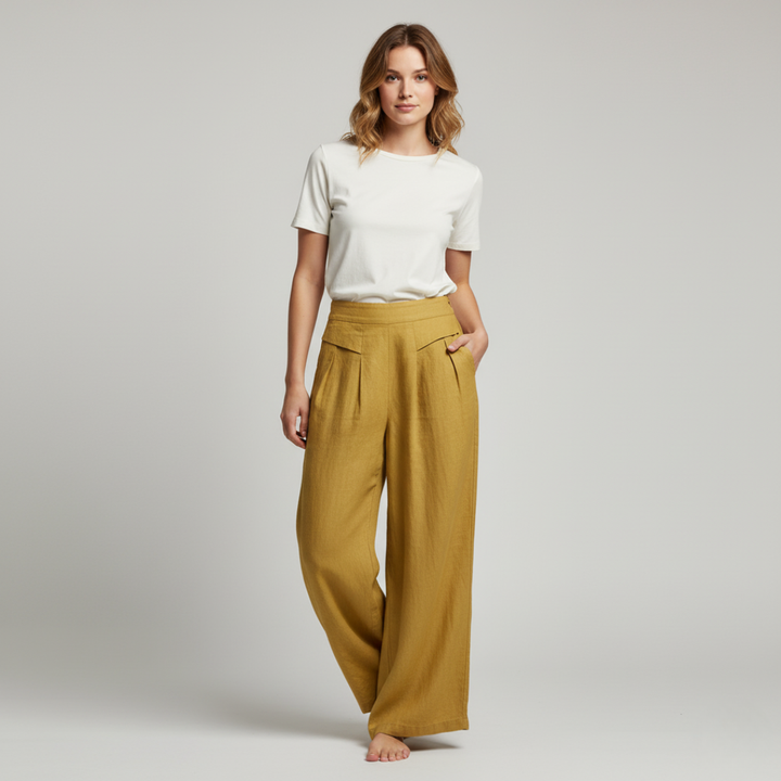 Leinenhose Damen Hoch geschnitten Weite Hosenbeine