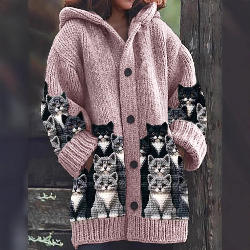 Strickjacke Mit Kapuze | Katzenmotiv