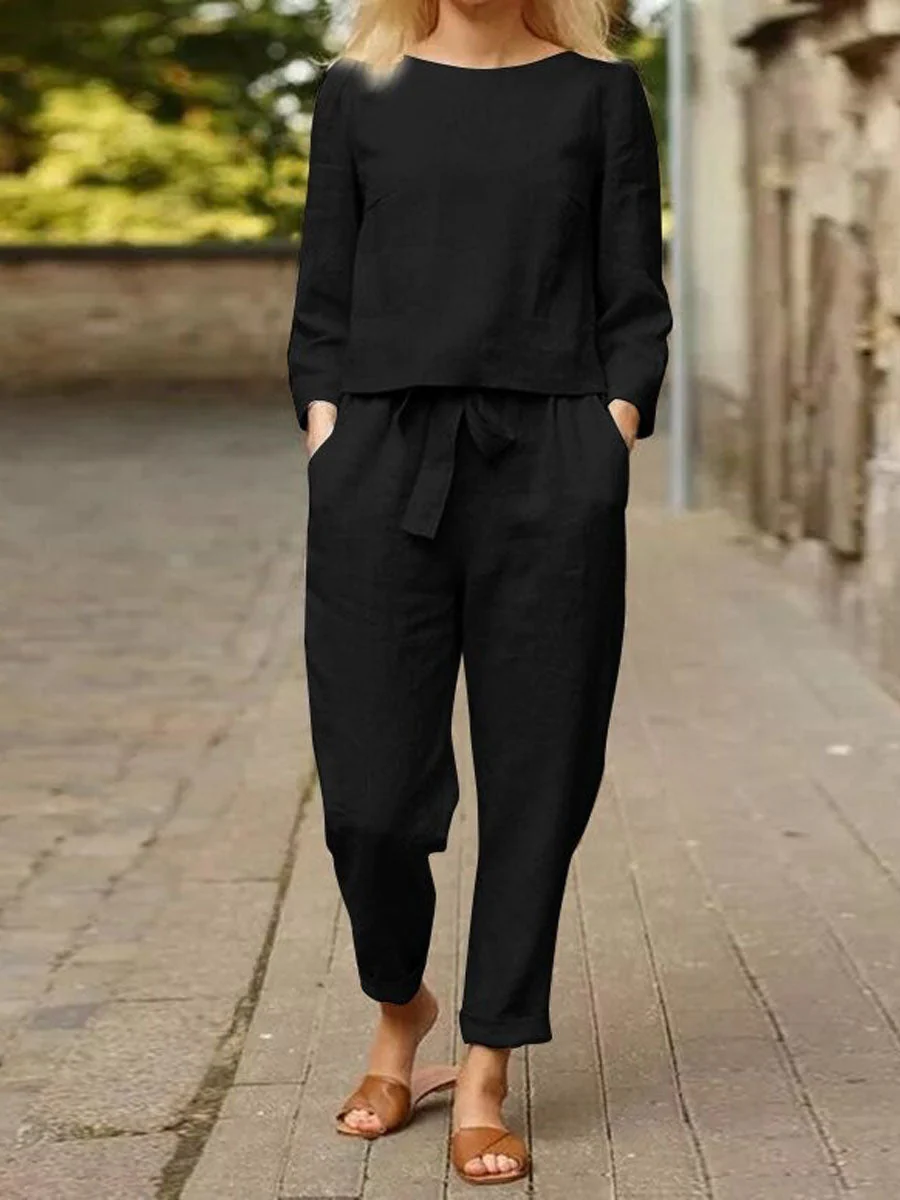 Ursula | Damen Freizeit-Set mit langärmligem Oberteil und Gürtelhose