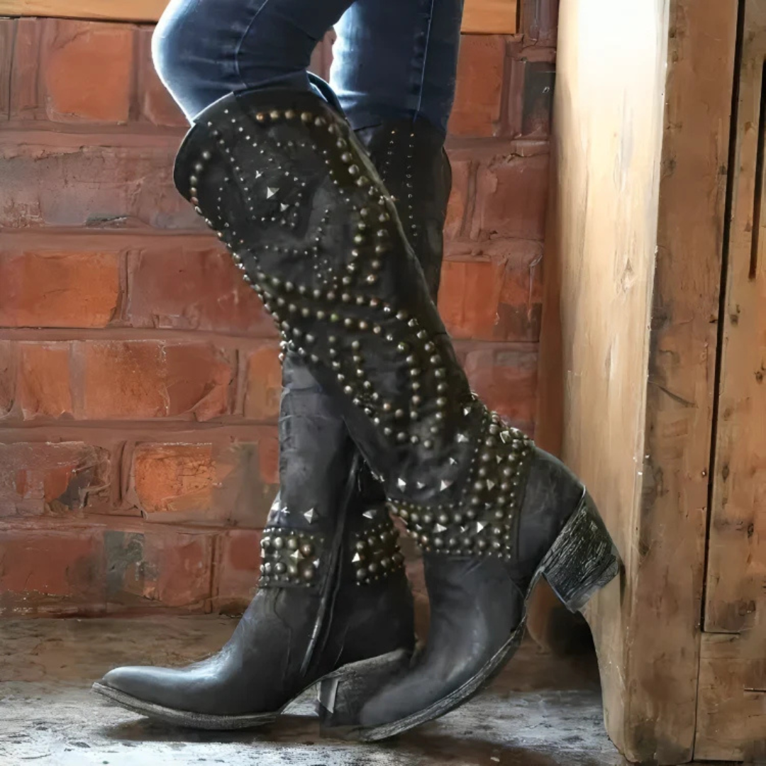 Lara | Damen Kniehohe Nieten Blockabsatz Stiefel