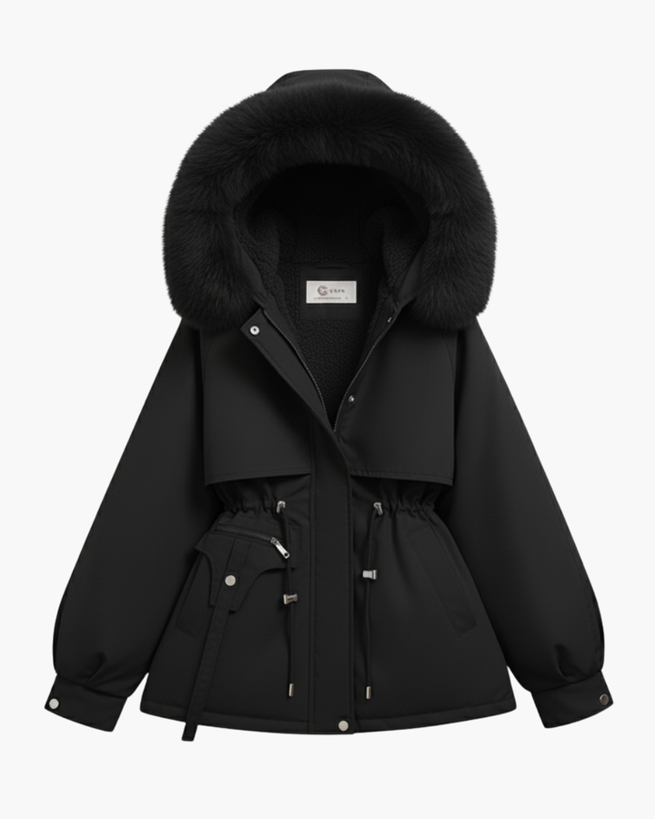 Kurze Winterjacke mit Teddyfutter und Kapuze mit Fellbesatz