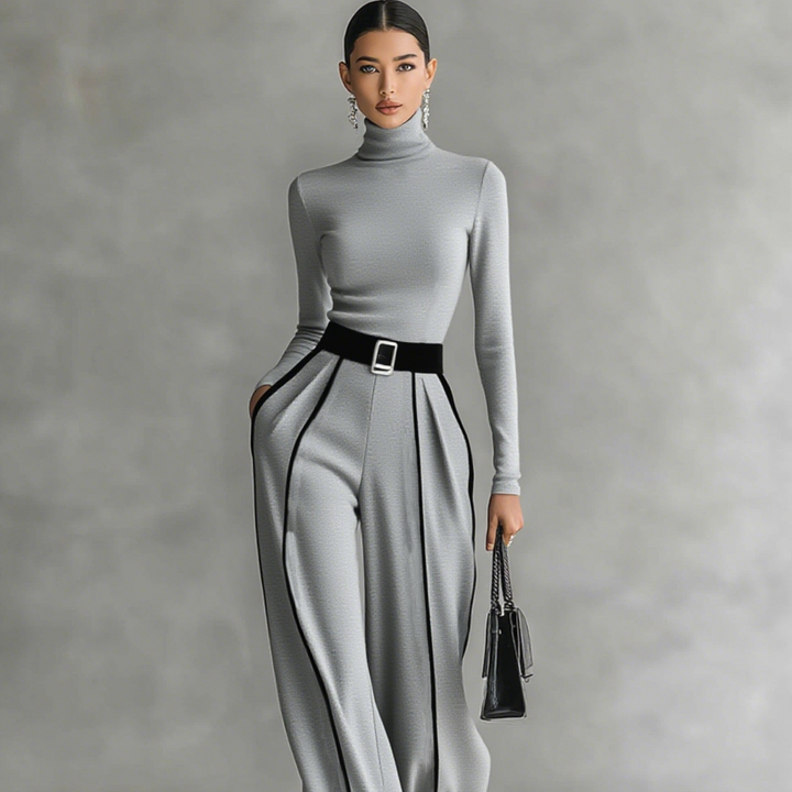 Set aus Damen-Rollkragenpullover und Hose mit weitem Bein