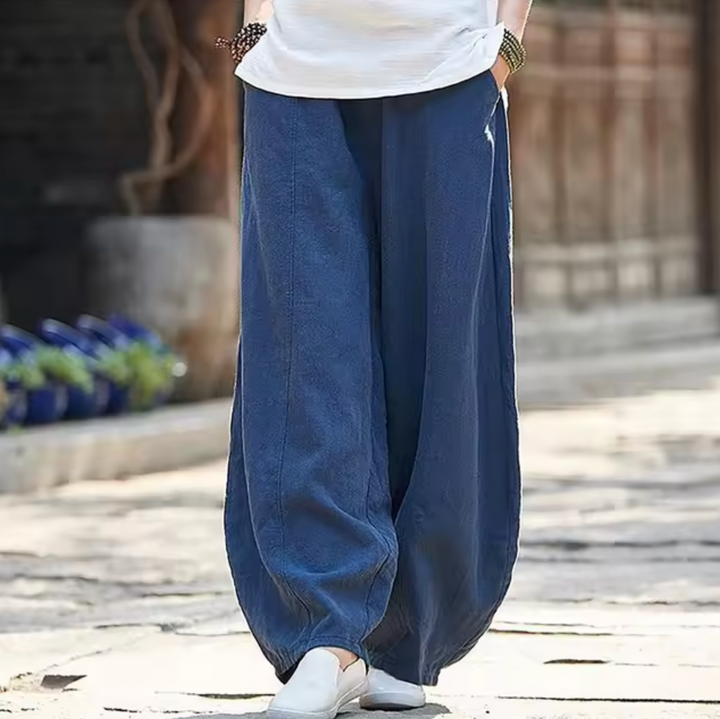 Hoch taillierte Damenhose aus Leinen und Baumwolle