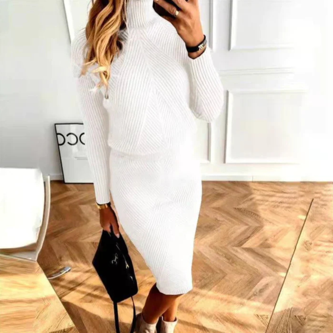 Damen Strickkleid Rollkragen knielang