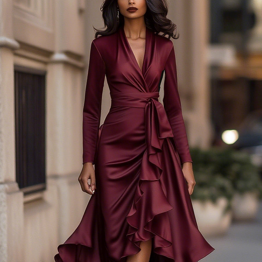 Satin-Maxikleid für Damen | Drapierte Rüschen, lange Ärmel