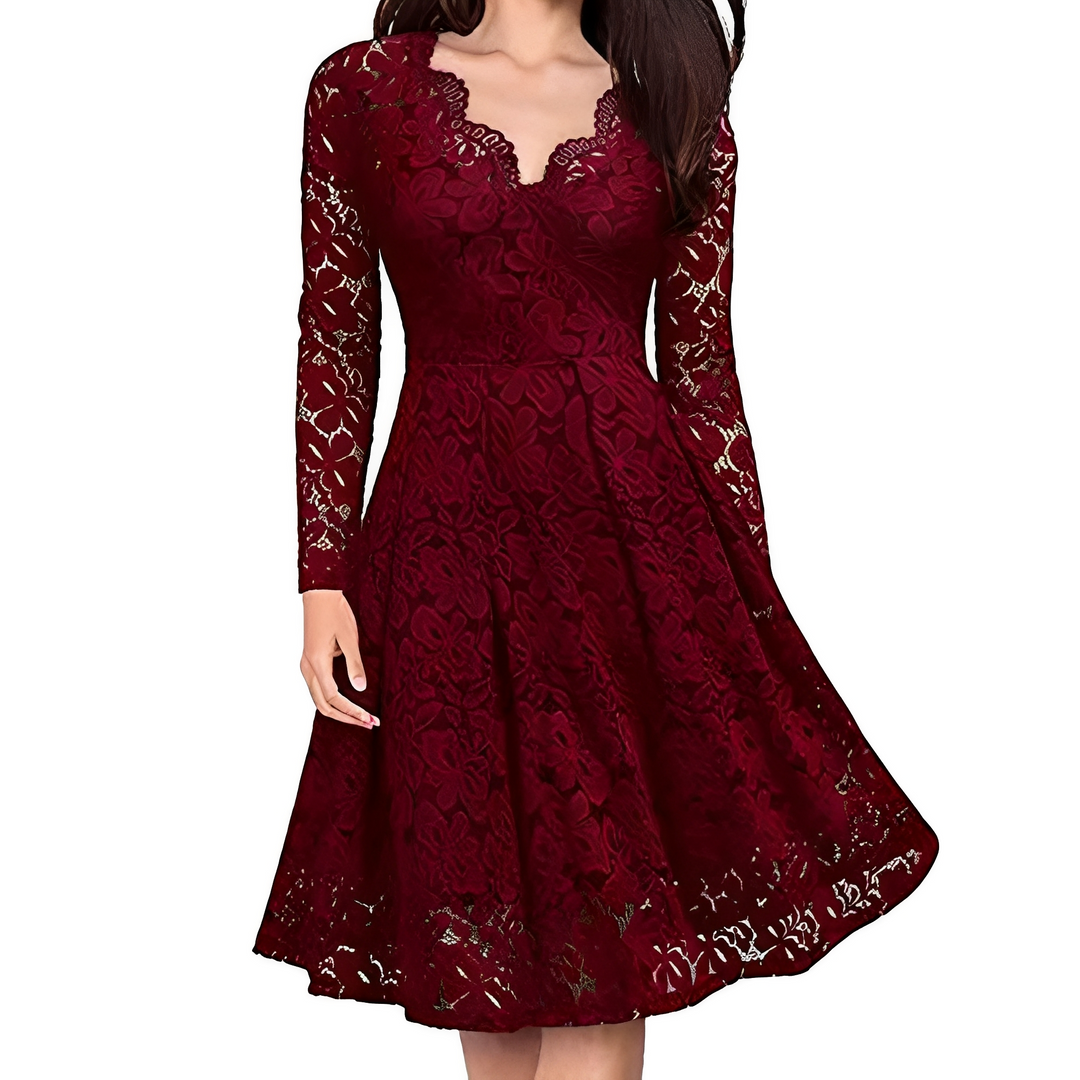 Leonie - Elegantes langärmeliges Kleid mit V-Ausschnitt für Damen