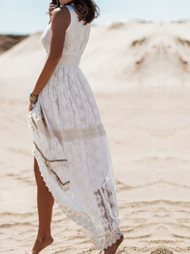 Maxikleid Damen Boho V-Ausschnitt Spitze