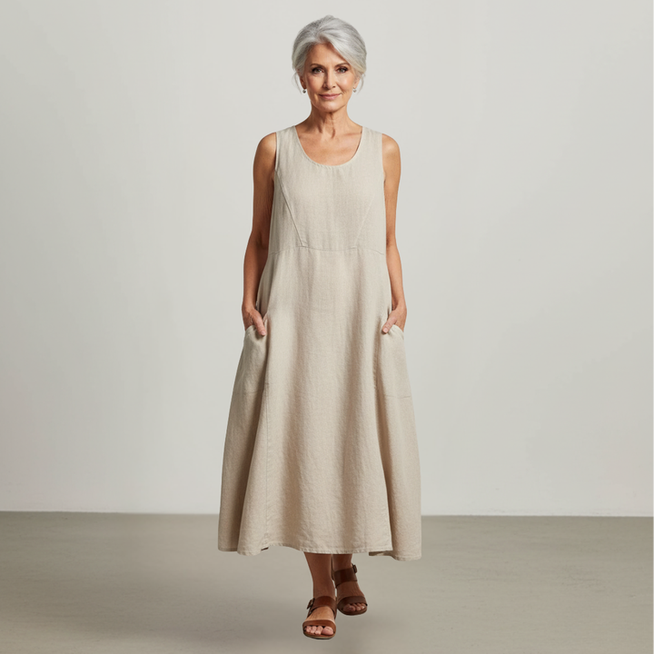 Leinenkleid für Damen, Sommer, lockere Passform