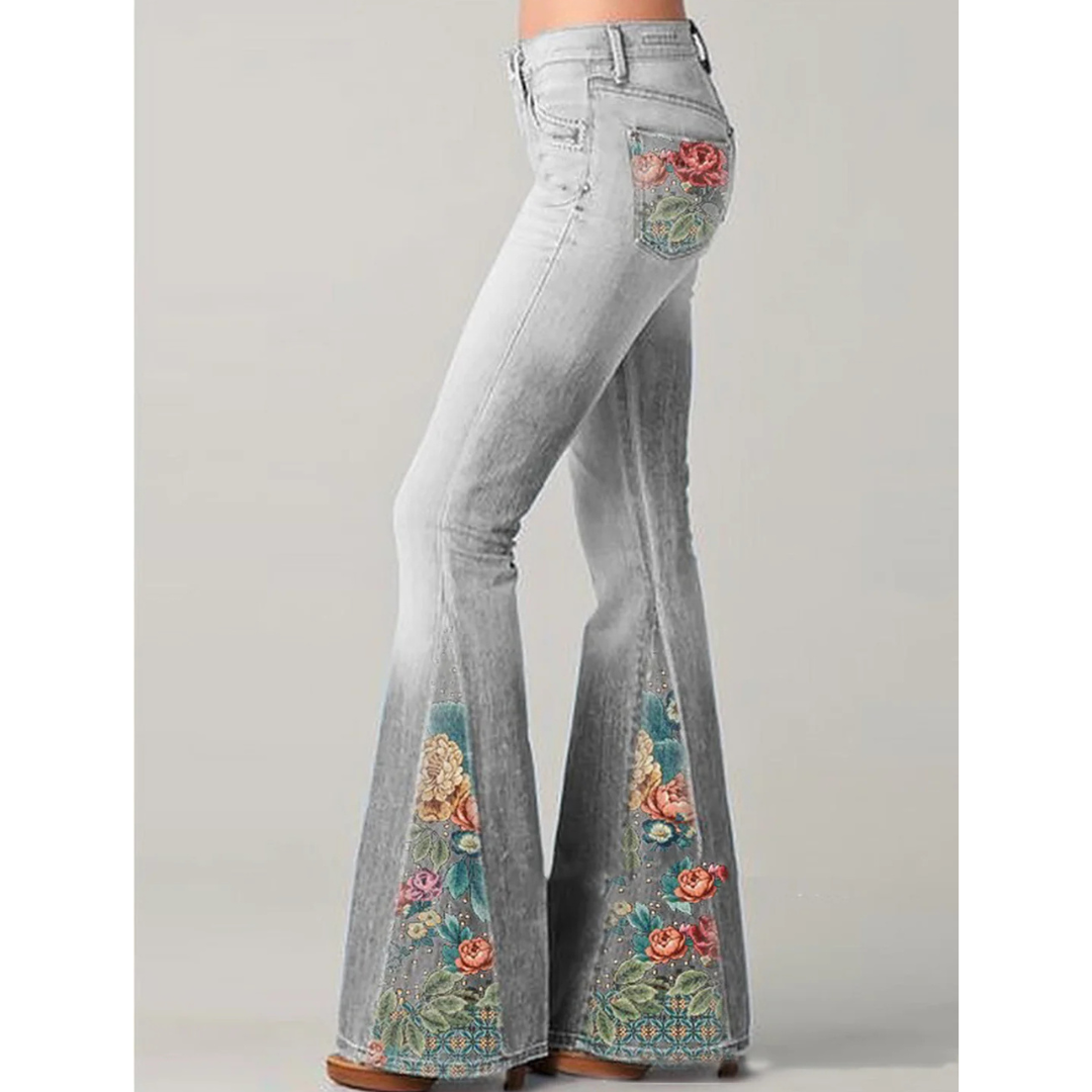 Damen-Jeans mit Blumenstickerei | Schlagjeans
