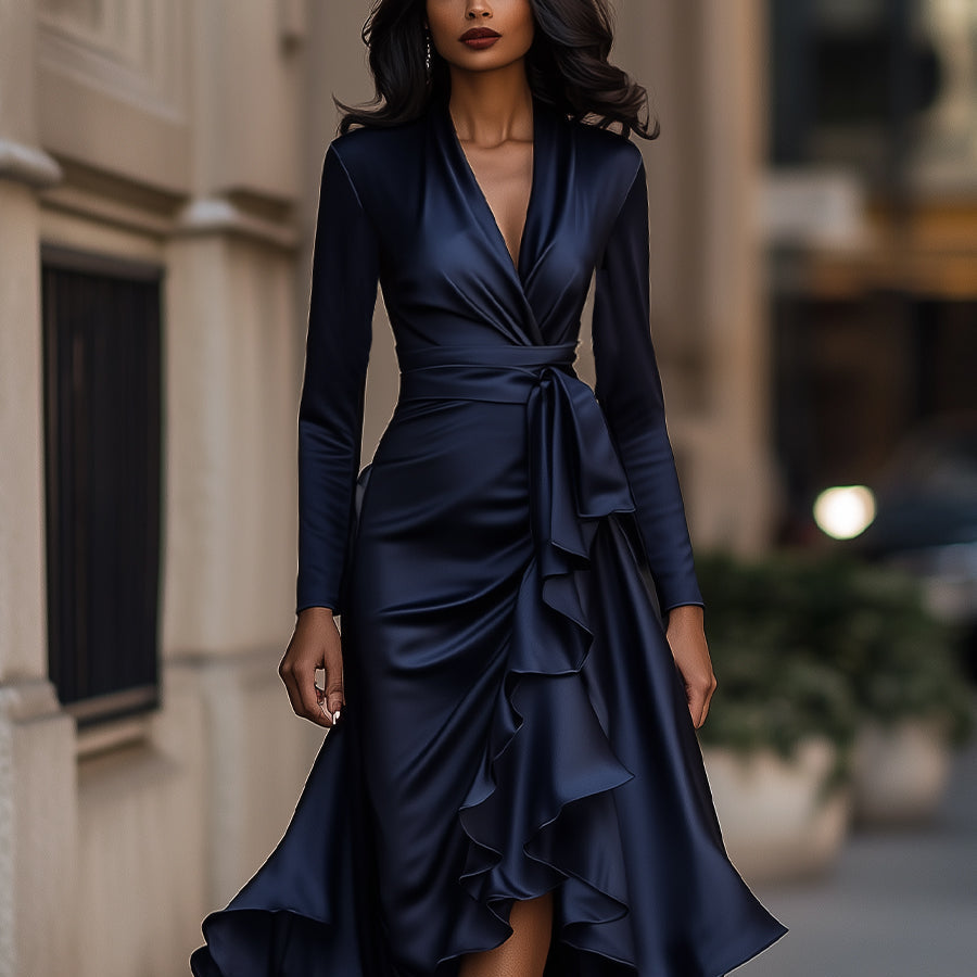 Satin-Maxikleid für Damen | Drapierte Rüschen, lange Ärmel