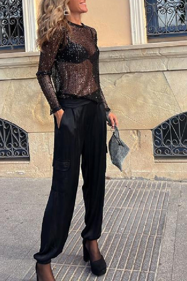 Damen-Paillettenbluse mit geradem Schnitt und langen Ärmeln
