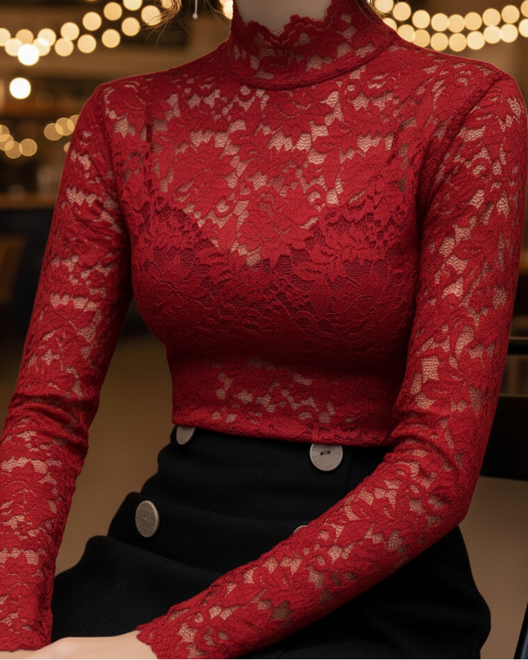 Julia | Damen Frühlings-Spitzenbluse mit Stehkragen