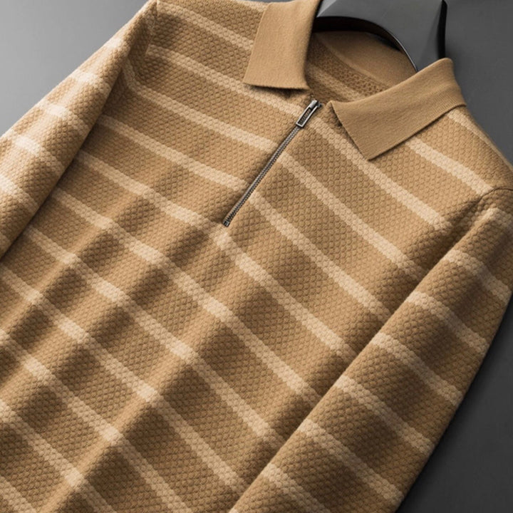 Christoph | Herren Gestreift Viertel-Reißverschluss Strick Polo-Shirt