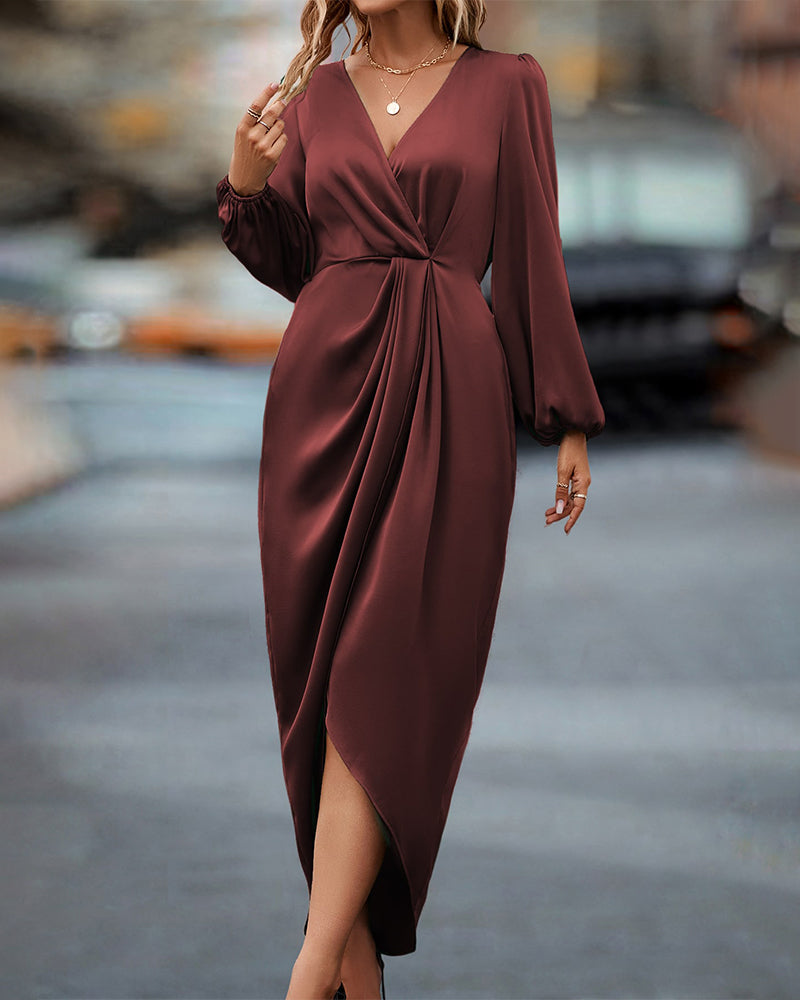 Abito Donna Fluente Tessuto Leggero Maniche a Lanterna Scollo a V