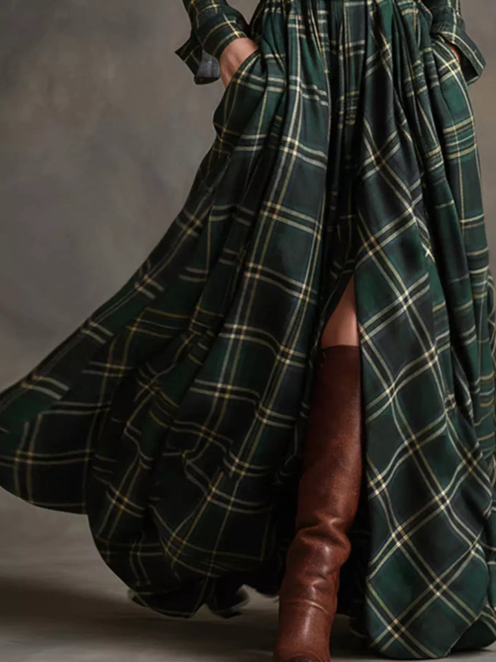 Damen-Maxikleid im Karomuster mit Knopfleiste