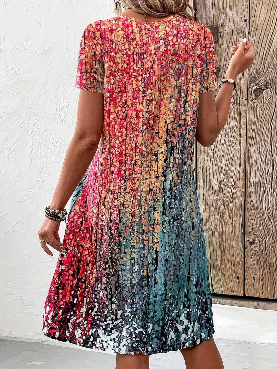 Damenkleid kurzarm V-Ausschnitt Print