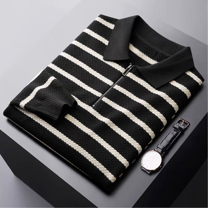 Christoph | Herren Gestreift Viertel-Reißverschluss Strick Polo-Shirt