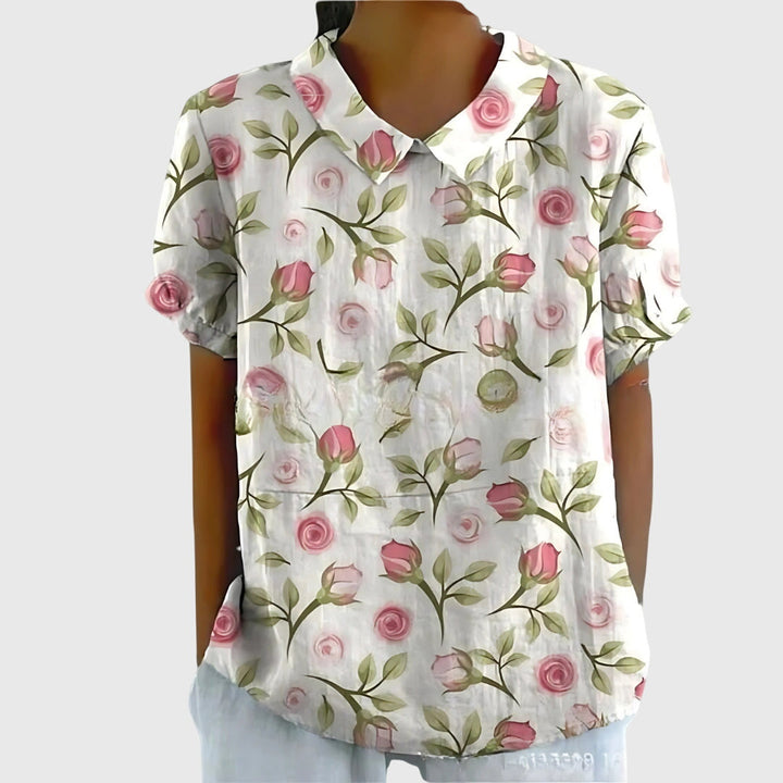 Elke | Damen Blumen Kragen Kurzarm Bluse