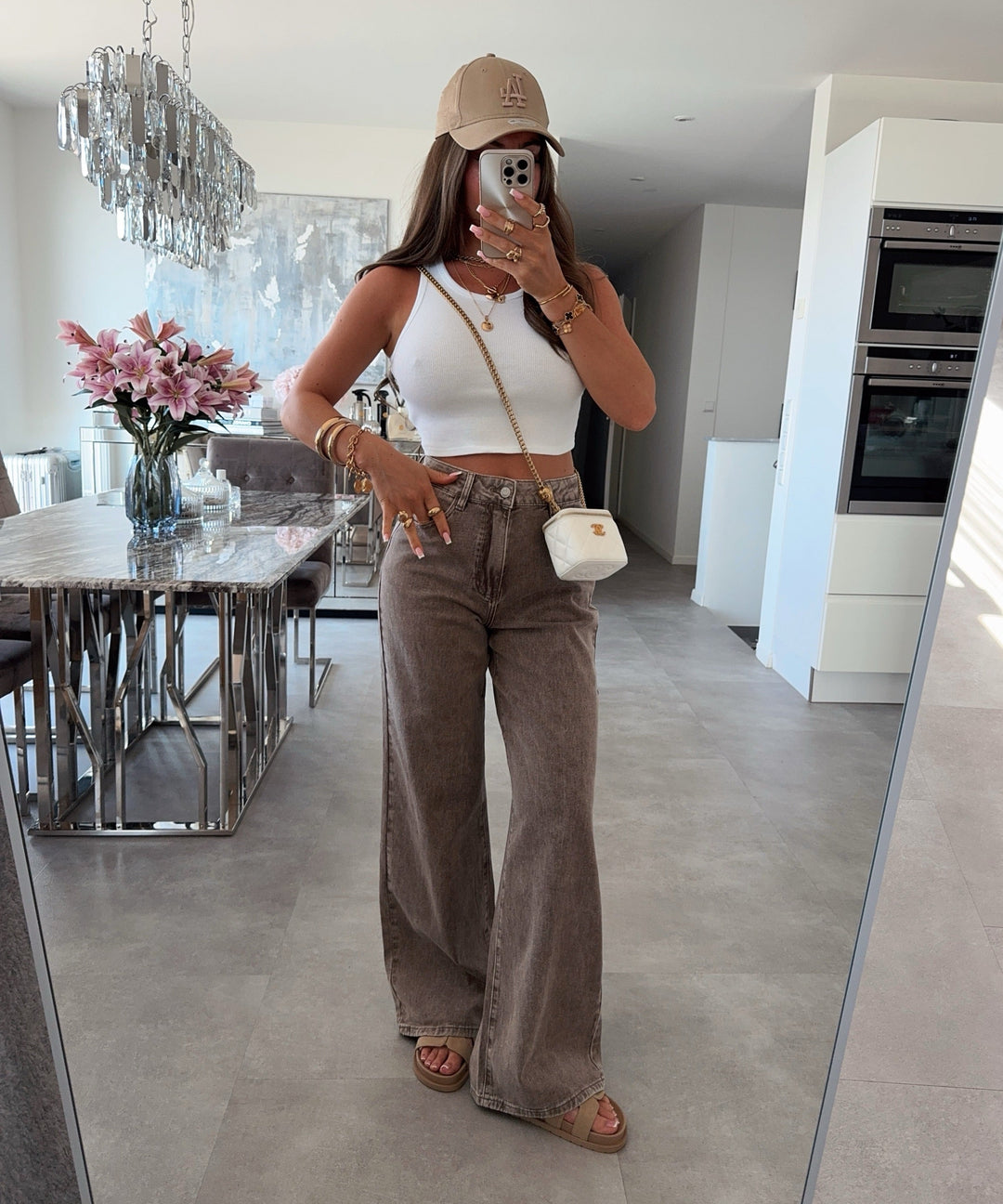 Stretch Wide Leg Jeans Harbi Taupe