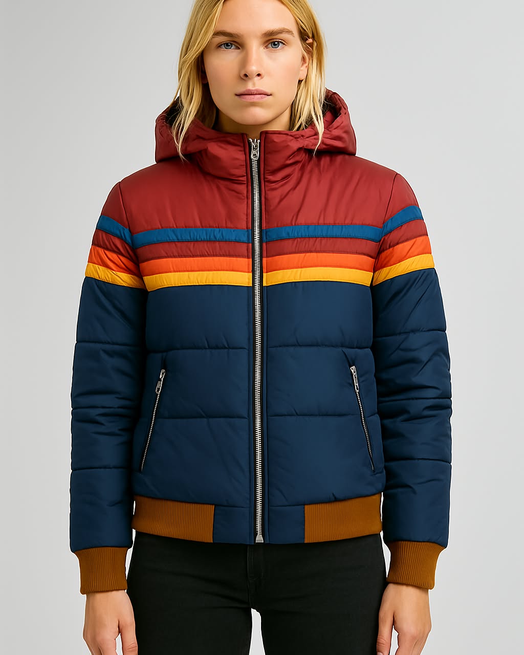 Magdalena | Damen Winterjacke mit Kapuze und Streifenmuster