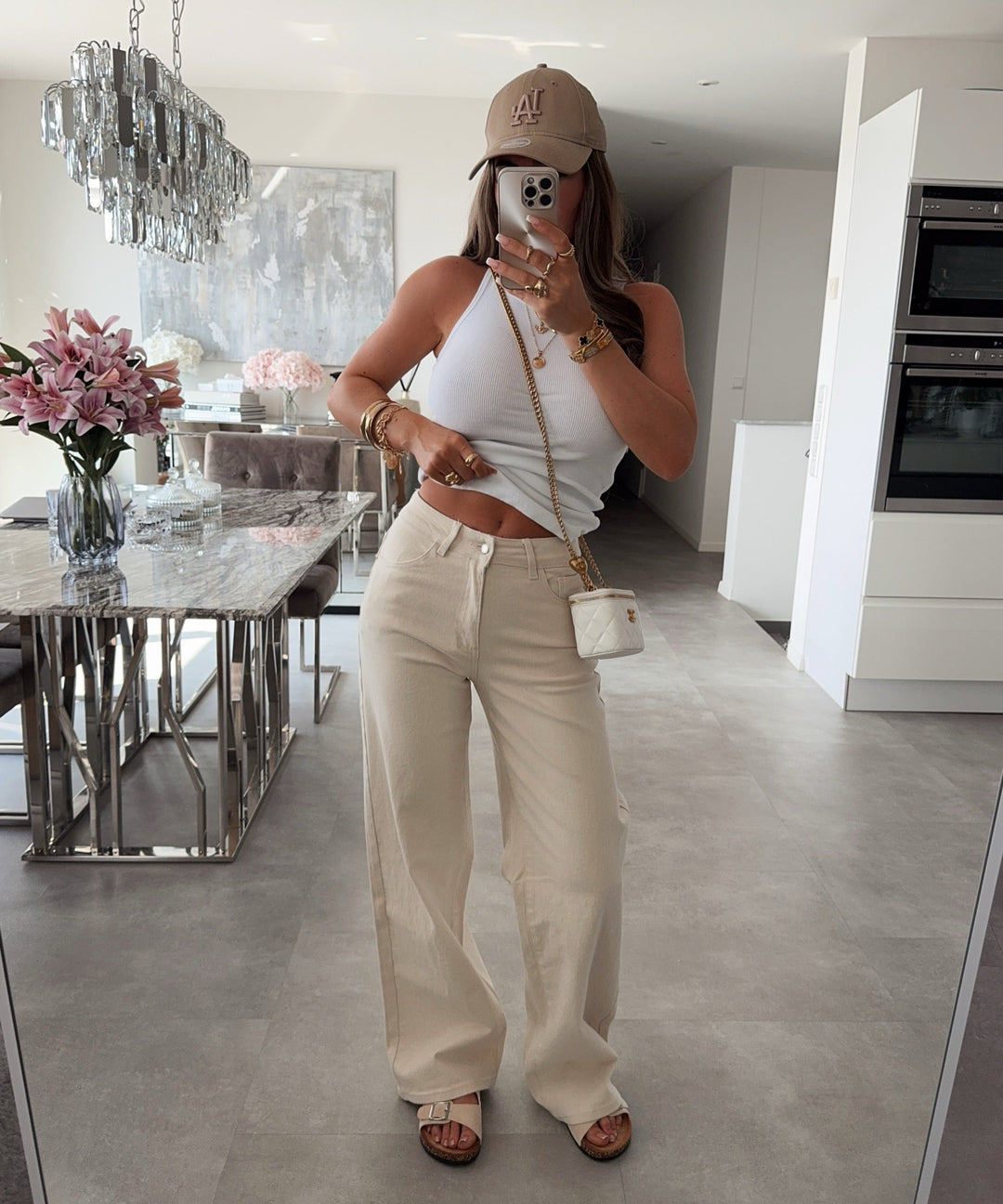 Stretch Dad Fit Mid Rise Jeans Fina Creme