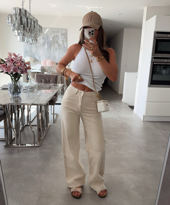 Stretch Dad Fit Mid Rise Jeans Fina Creme