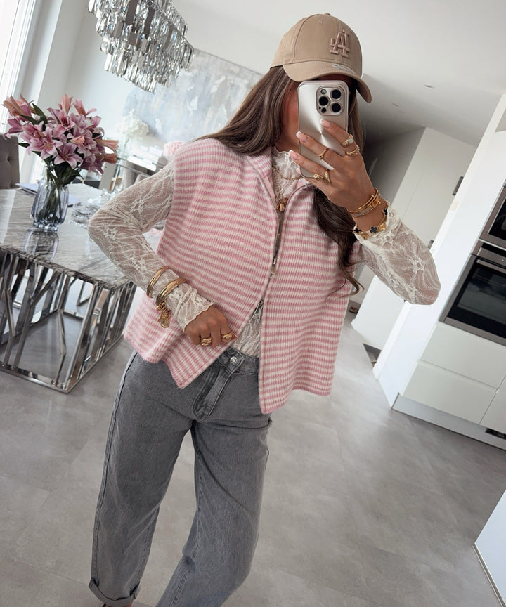 Kurzarm Strickjacke Vania Streifen Rosa