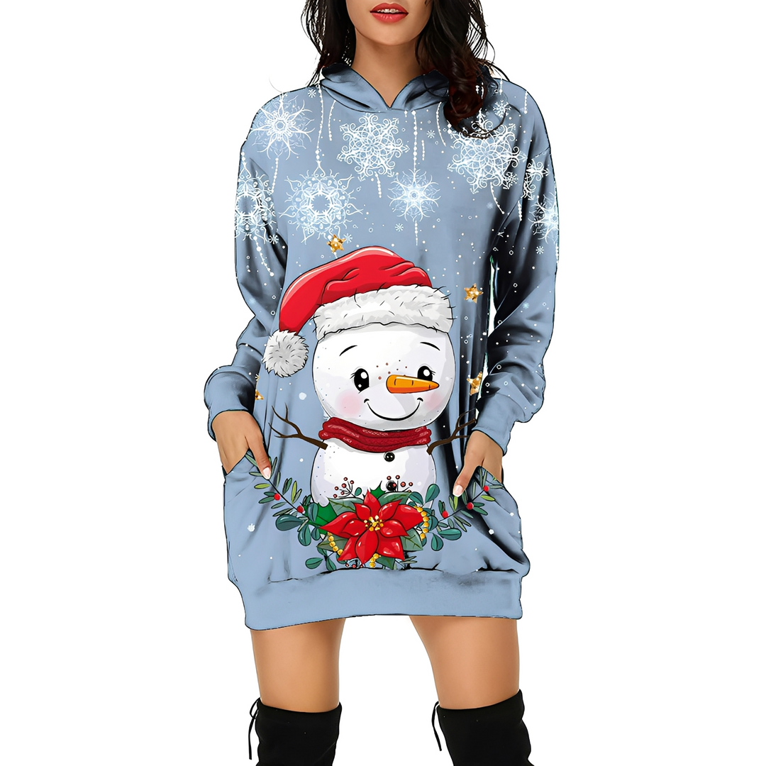 Georgia - Stilvolles Weihnachtskleid mit Kapuze für Damen mit Print