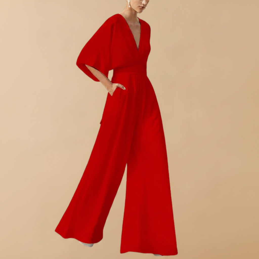 Jumpsuit mit V-Ausschnitt und weiten Ärmeln – elegante Damenmode