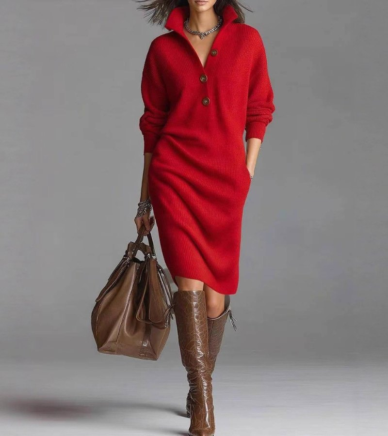Mila – Elegantes Damen-Strickkleid mit Knopfleiste