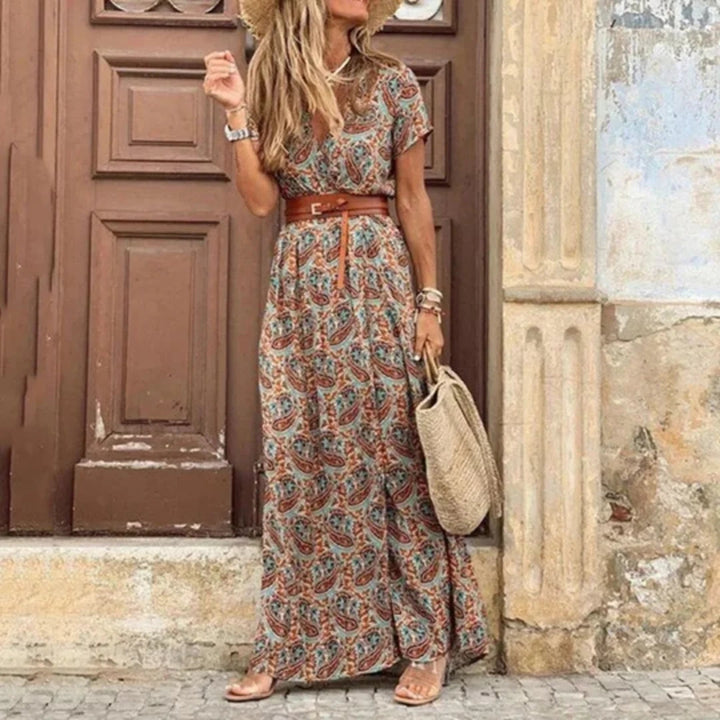 Maxikleid Damen Boho Blumenmuster V-Ausschnitt