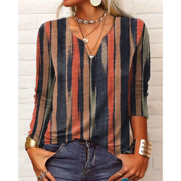 Katharina - Mehrfarbige Bluse im Boho-Stil, langärmelig und mit V-Ausschnitt