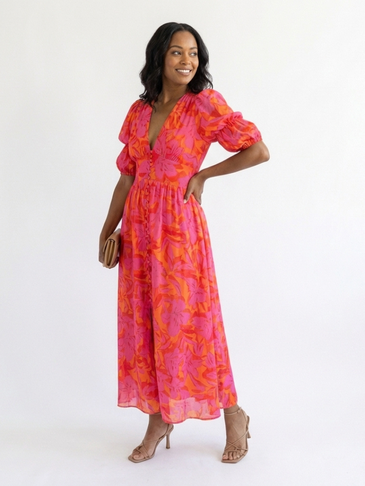 Karin – Elegant Floral V Neck Puff Dress for Women - Image 5