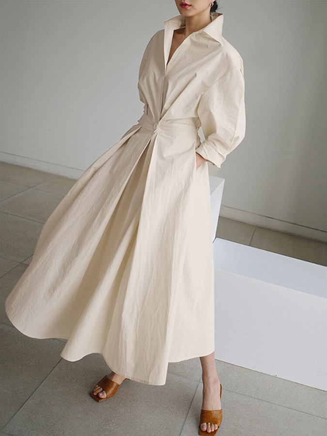 Stilvolles Damen Maxikleid langarm mit Hemdkragen