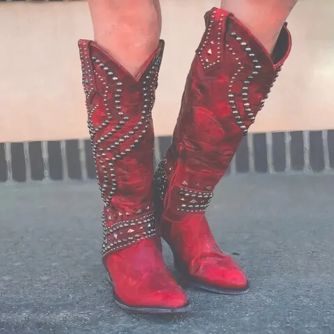 Lara | Damen Kniehohe Nieten Blockabsatz Stiefel