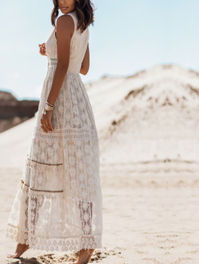 Maxikleid Damen Boho V-Ausschnitt Spitze
