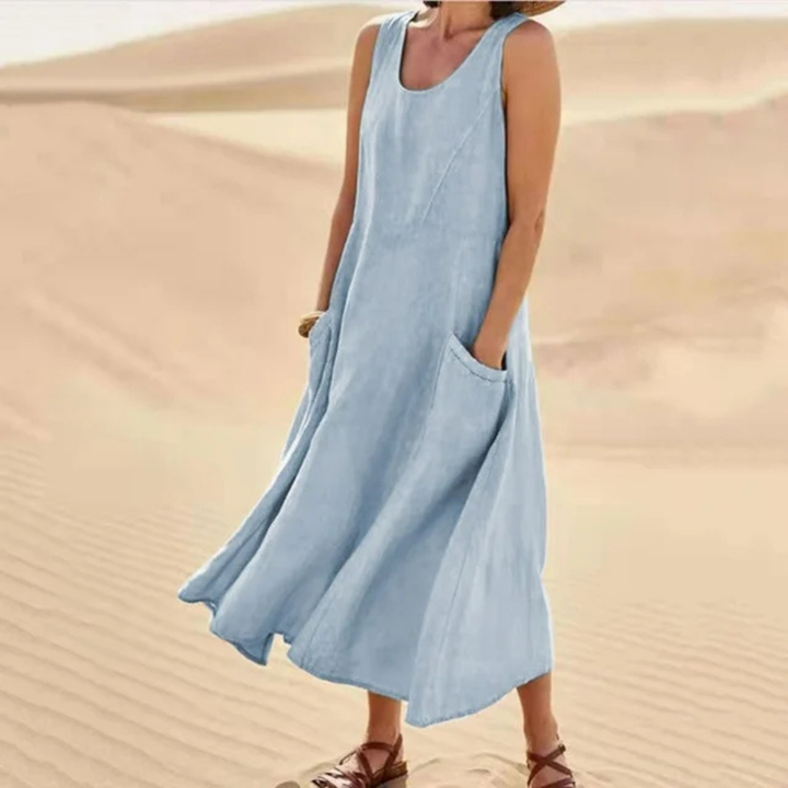 Leinenkleid für Damen, Sommer, lockere Passform