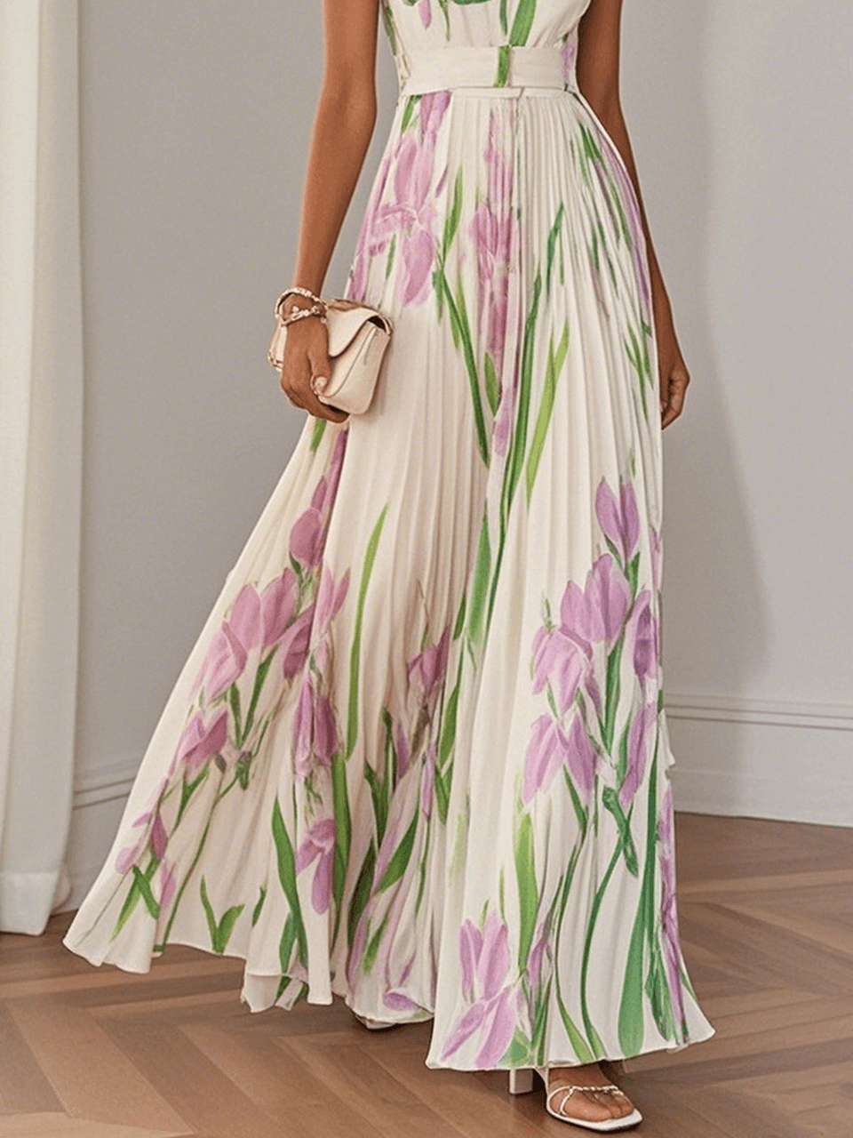 A-Linien-Maxikleid für Damen aus plissiertem Chiffon