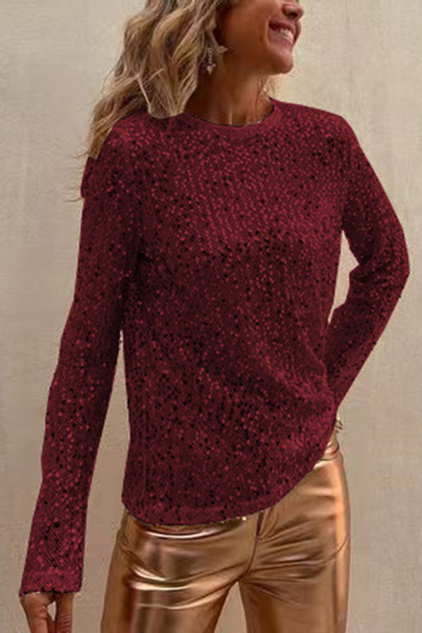 Damen-Paillettenbluse mit geradem Schnitt und langen Ärmeln
