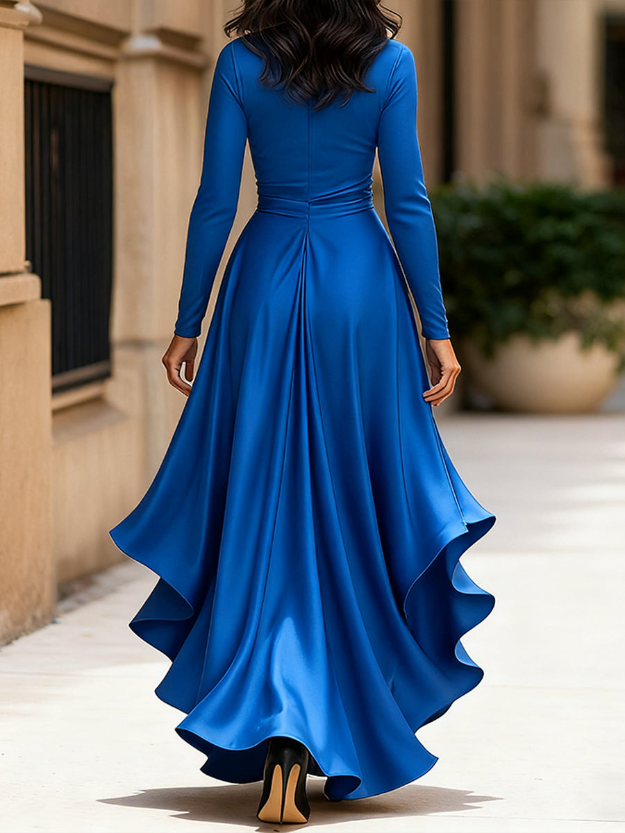 Satin-Maxikleid für Damen | Drapierte Rüschen, lange Ärmel