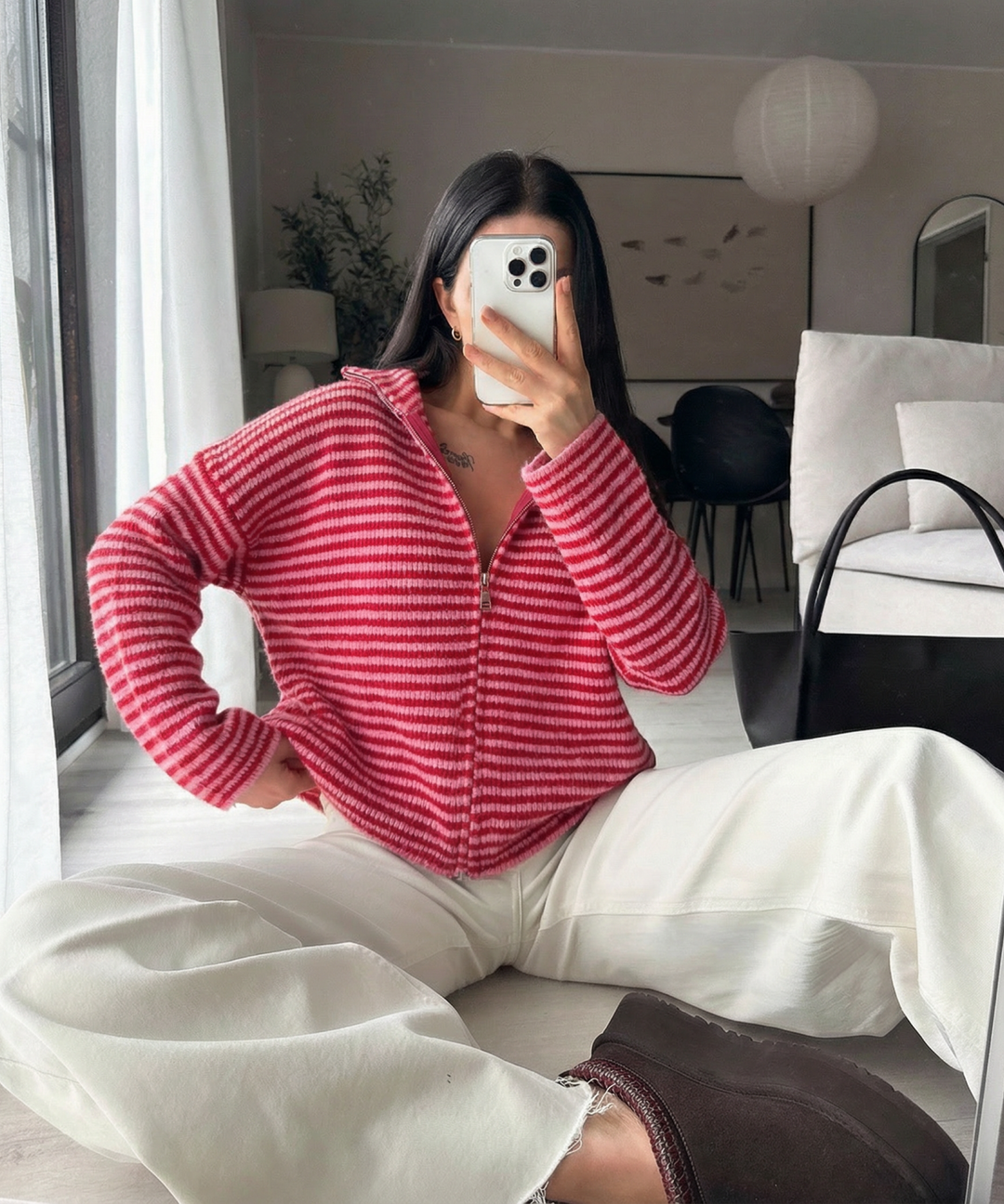 Zip Strickjacke Helena Streifen Rot Pink Ladypolitan ♡