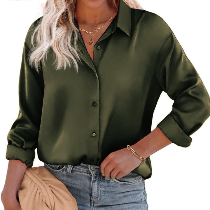 Damen Satinbluse Knopfverschluss Lange Ärmel