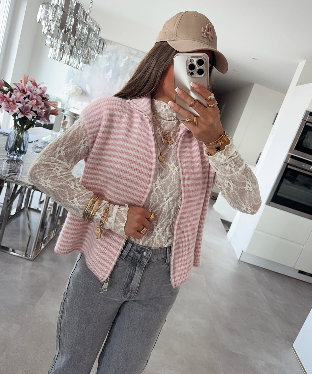 Kurzarm Strickjacke Vania Streifen Rosa