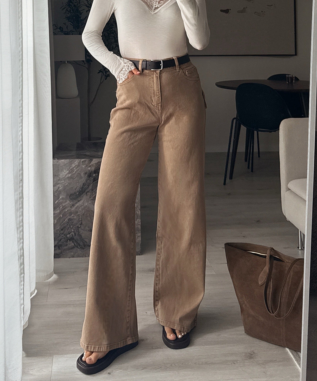 Stretch Wide Leg Jeans Harbi Camel Ladypolitan ♡