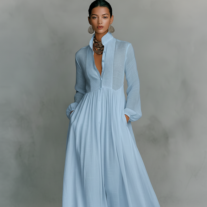 Damen-Maxikleid aus Leinenmischung mit Patchwork-Muster und Knopfleiste
