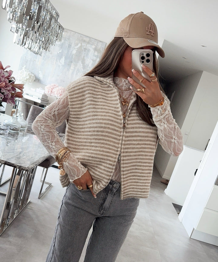 Kurzarm Strickjacke Vania Streifen Beige Ladypolitan ♡