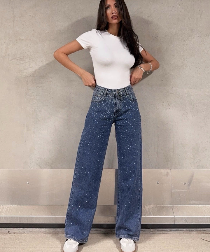 Stretch Straight Jeans Karo Glitzer Dunkelblau Ladypolitan ♡