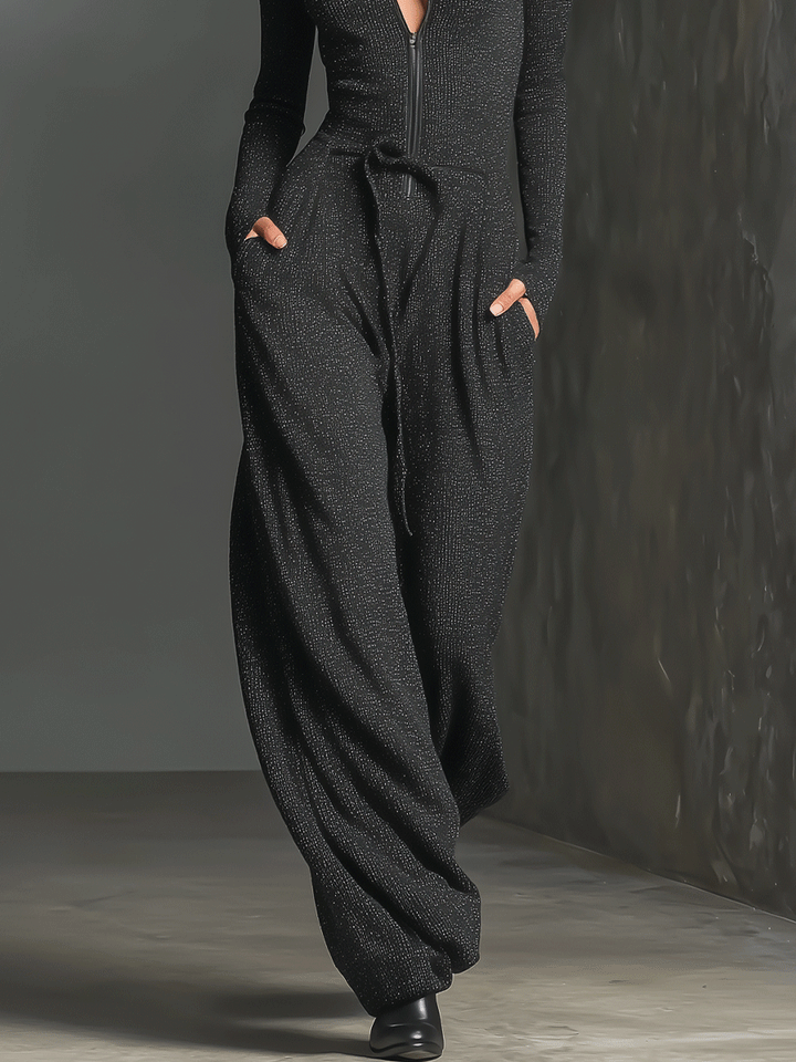 Glitzernder Strick-Jumpsuit mit weitem Bein für Damen | Reißverschluss vorne